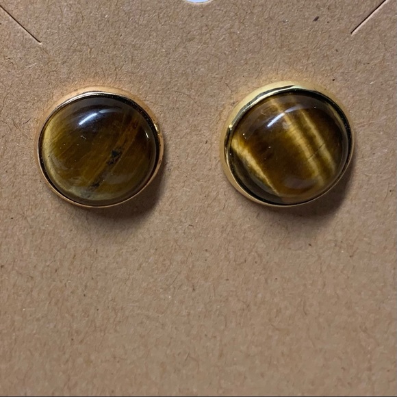 Beautiful tigers eye stone in gold stud earrings, Handmade, NWT - Picture 5 of 5